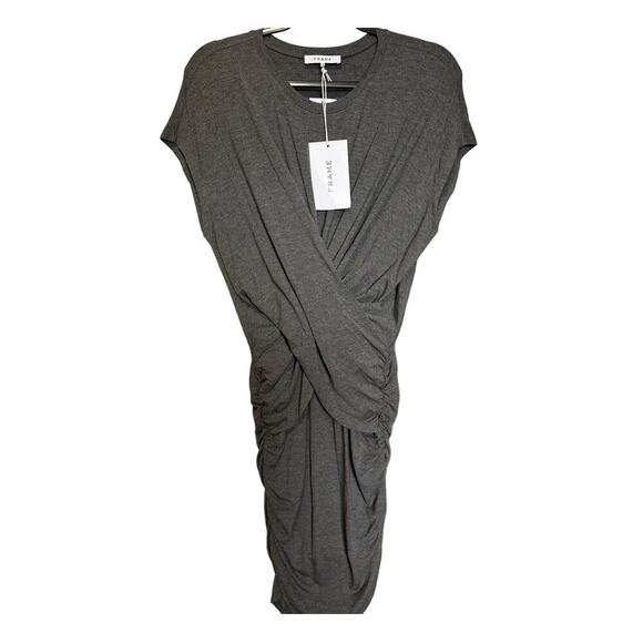 Frame NWT Shirred Muscle Dress Wrap Pull On Curve Hugging Mini Gray Size Large - Picture 4 of 11